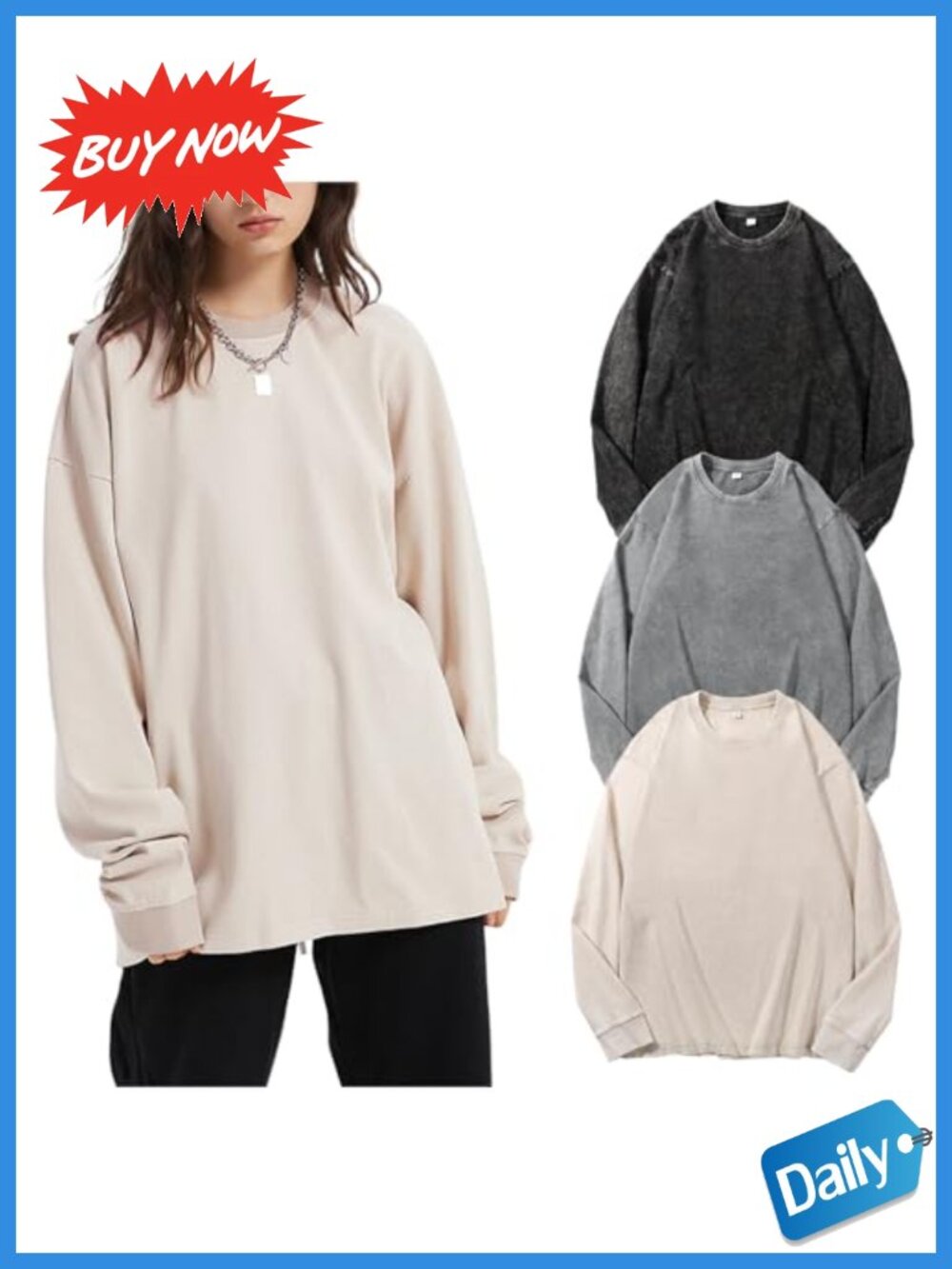 Oversized Long Sleeve T-Shirt 100% Cotton Acid Wash Loose Fit Drop Shoulder Tee